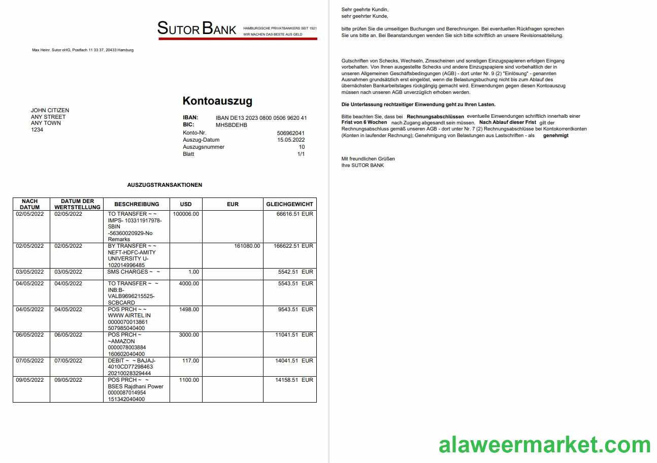 Germany Sutor Bank statement on Deutsch, 2 pages